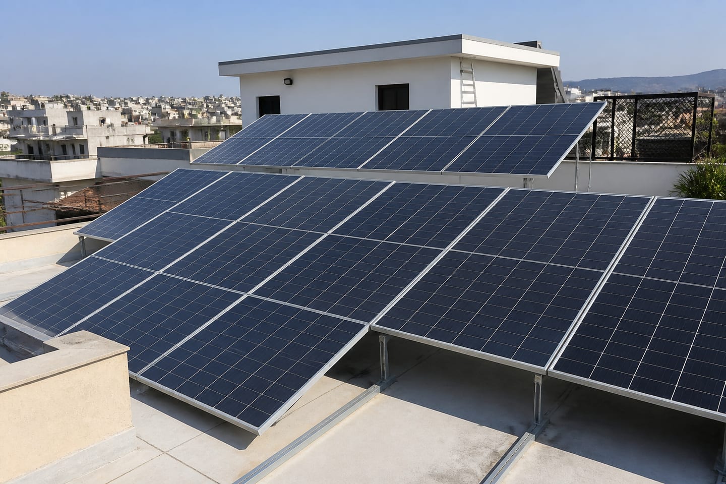 Rooftop solar panels on a modern home in Pakistan